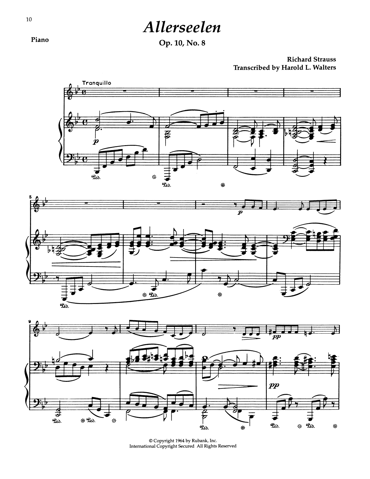 Richard Strauss Allerseelen sheet music notes and chords arranged for Alto Sax and Piano