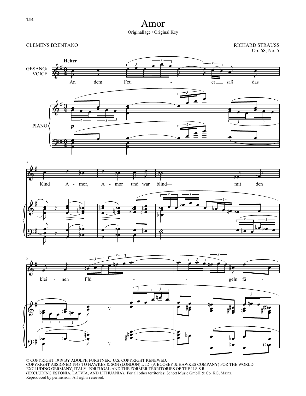 Richard Strauss Amor (High Voice) sheet music notes and chords arranged for Piano & Vocal