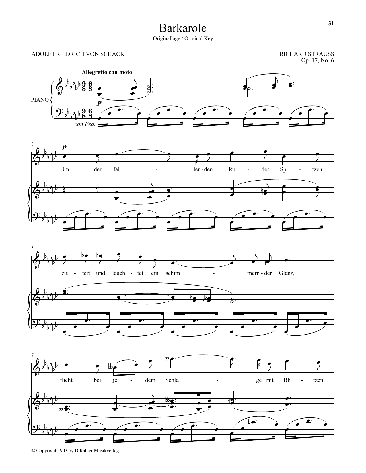 Richard Strauss Barkarole (High Voice) sheet music notes and chords arranged for Piano & Vocal