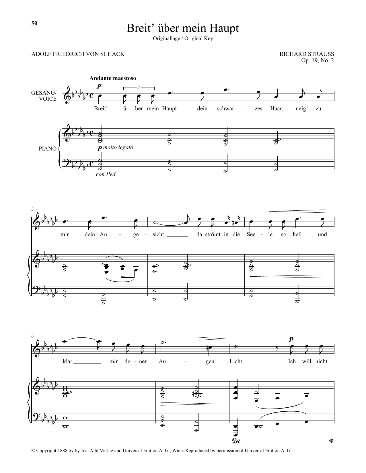 Richard Strauss Breit' Uber Mein Haupt (High Voice) sheet music notes and chords arranged for Piano & Vocal