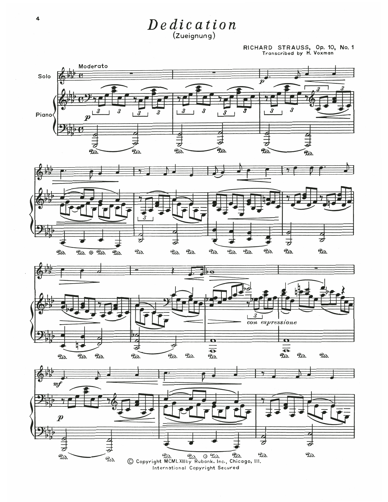 Richard Strauss Dedication sheet music notes and chords arranged for Baritone T.C. and Piano