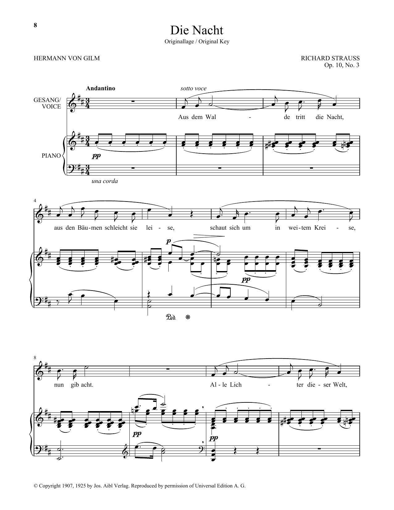 Richard Strauss Die Nacht (High Voice) sheet music notes and chords arranged for Piano & Vocal