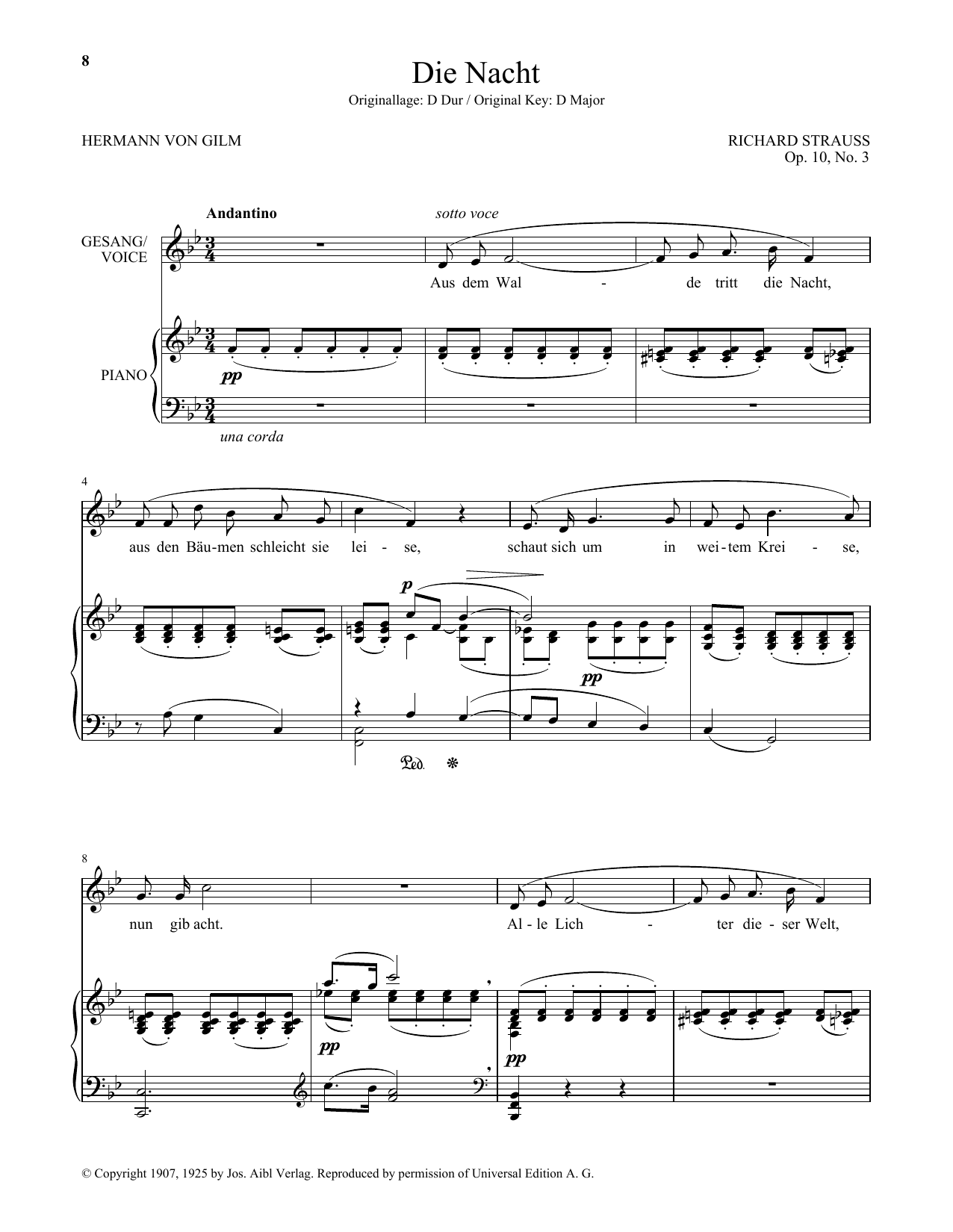 Richard Strauss Die Nacht (Low Voice) sheet music notes and chords arranged for Piano & Vocal