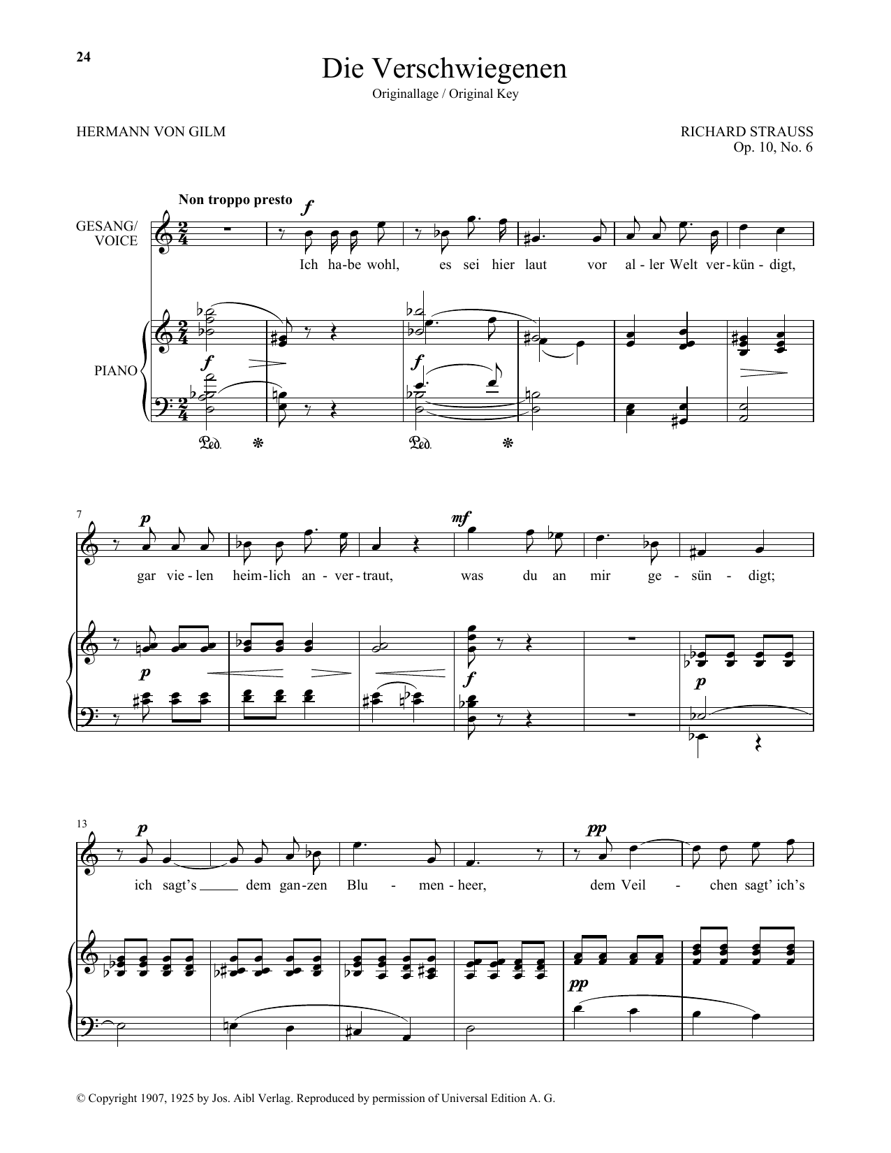 Richard Strauss Die Verschwiegenen (High Voice) sheet music notes and chords arranged for Piano & Vocal