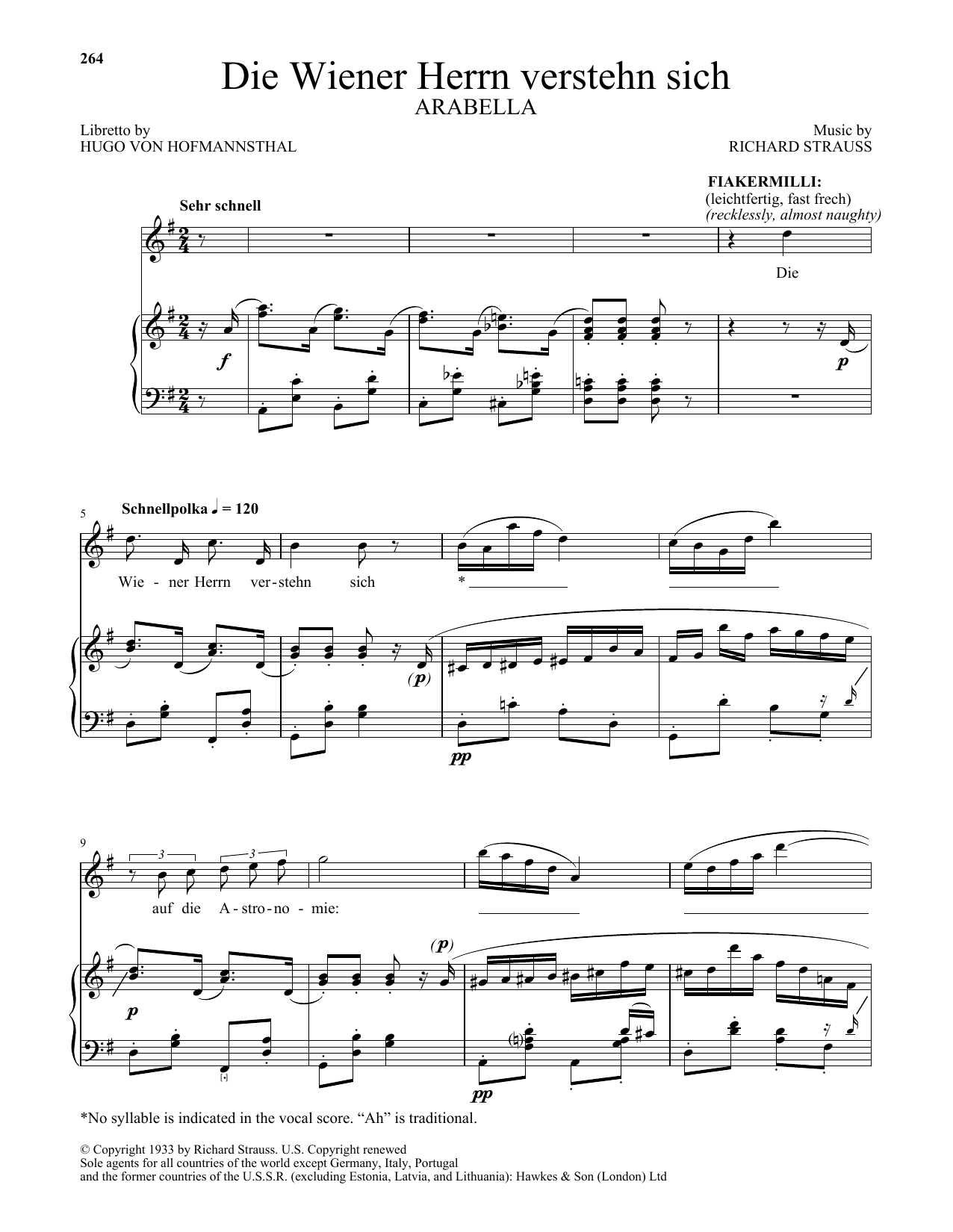Richard Strauss Die Wiener Herrn Verstehn Sich (from Arabella) sheet music notes and chords arranged for Piano & Vocal