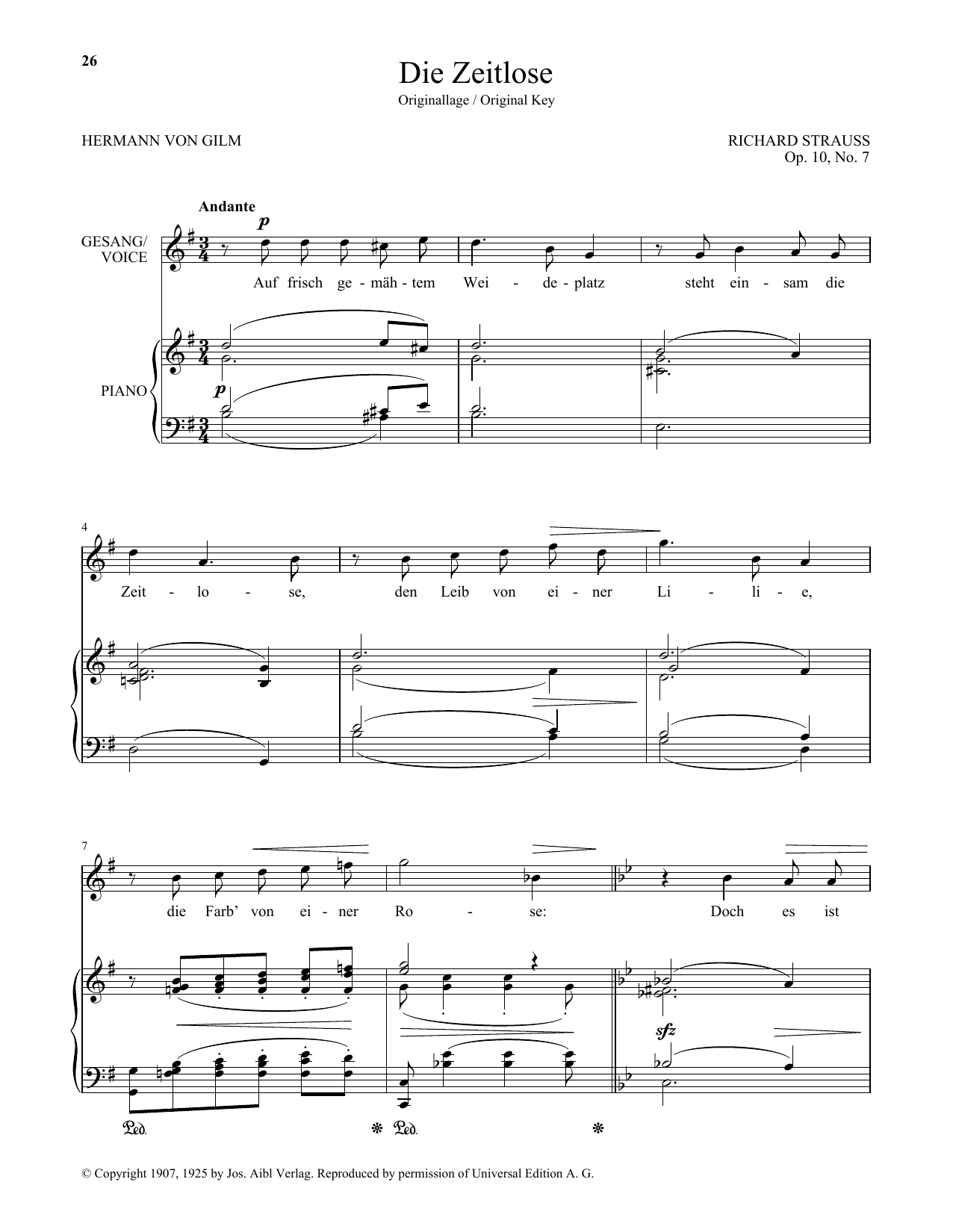 Richard Strauss Die Zeitlose (High Voice) sheet music notes and chords arranged for Piano & Vocal