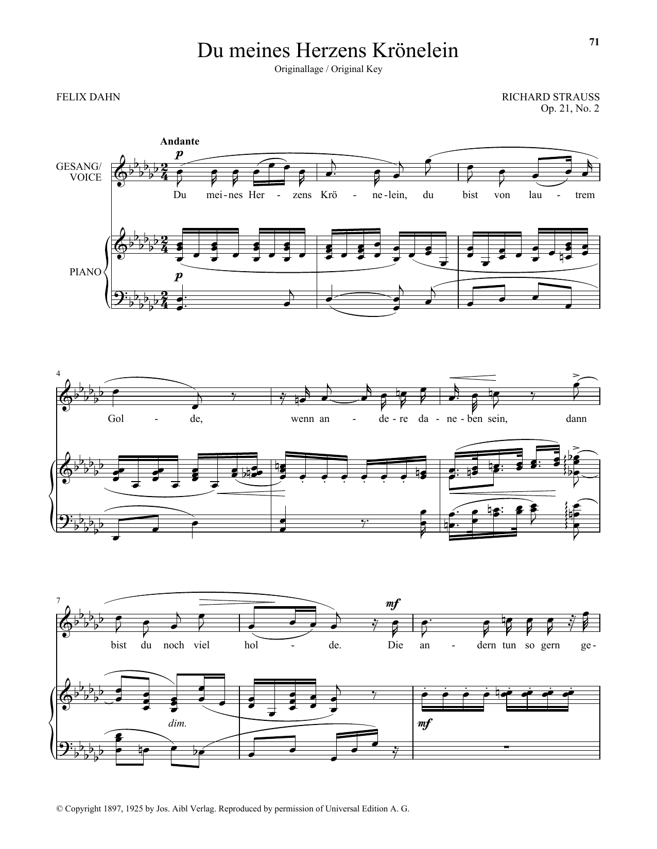 Richard Strauss Du Meines Herzens Kronelein (High Voice) sheet music notes and chords arranged for Piano & Vocal
