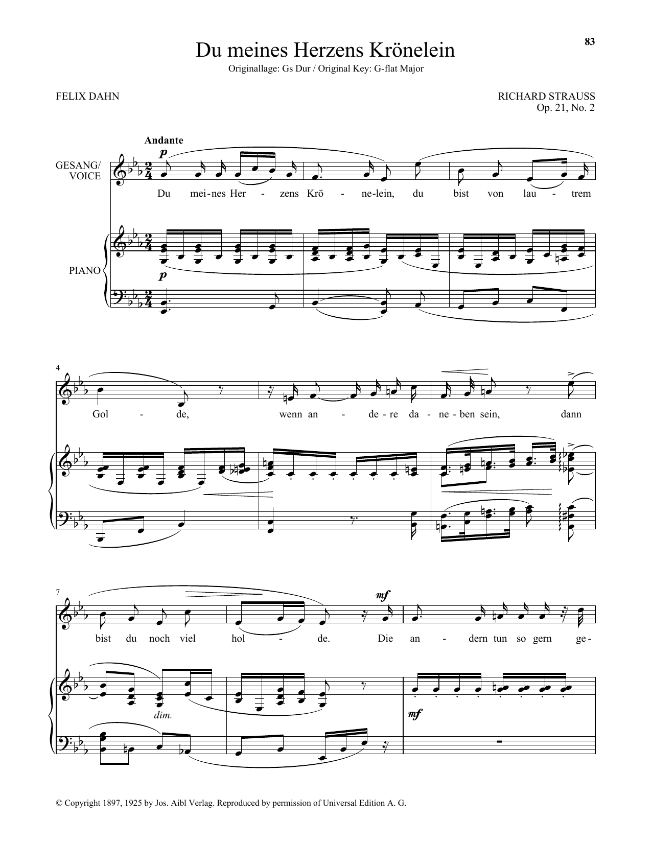Richard Strauss Du Meines Herzens Kronelein (Low Voice) sheet music notes and chords arranged for Piano & Vocal