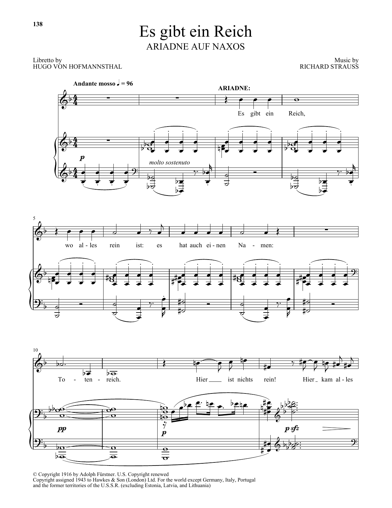 Richard Strauss Es Gibt Ein Reich (from Ariadne auf Naxos) sheet music notes and chords arranged for Piano & Vocal