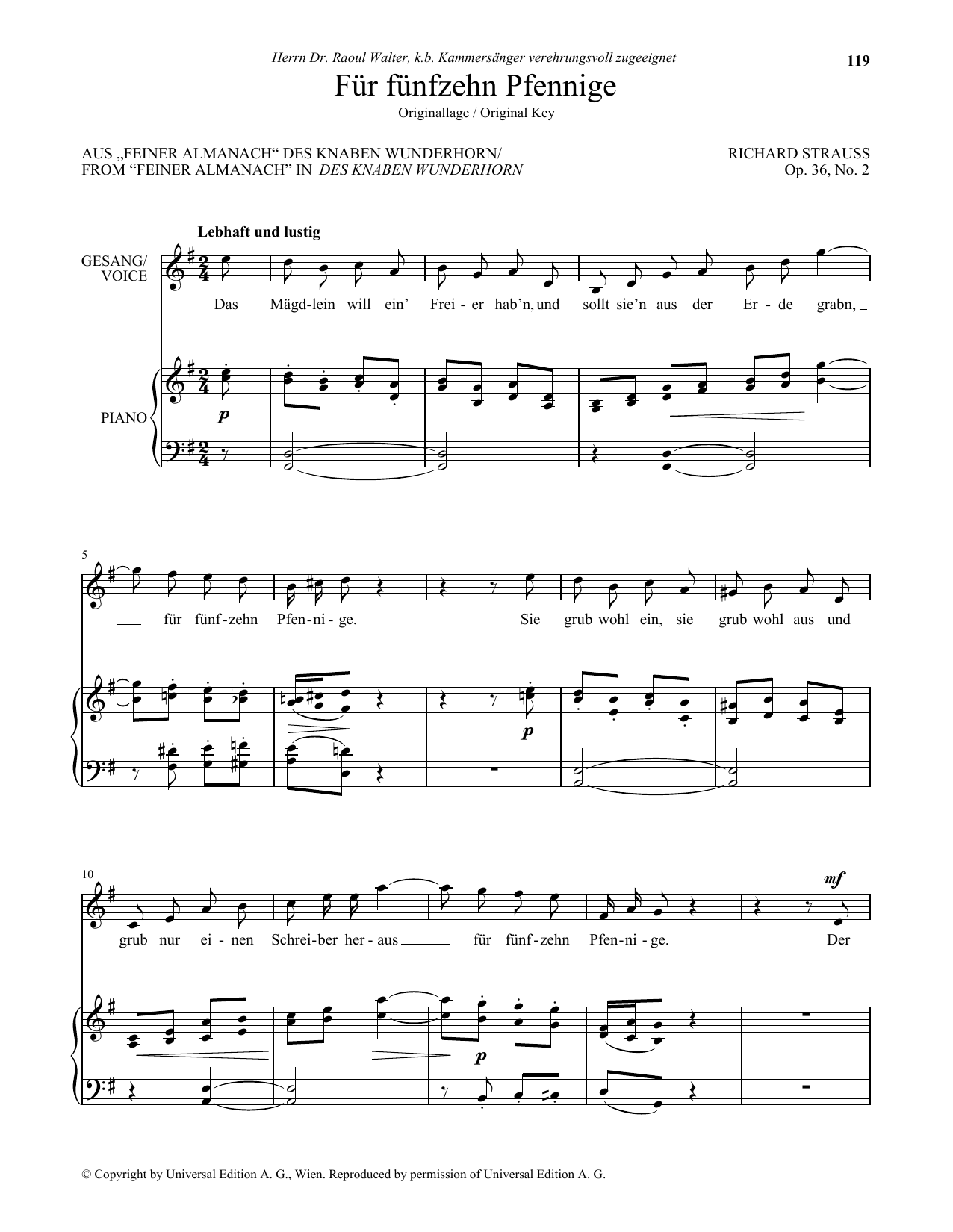 Richard Strauss Fur Funfzehn Pfennige (High Voice) sheet music notes and chords arranged for Piano & Vocal