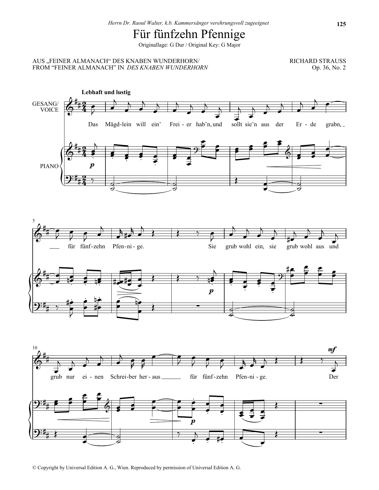 Richard Strauss Fur Funfzehn Pfennige (Low Voice) sheet music notes and chords arranged for Piano & Vocal