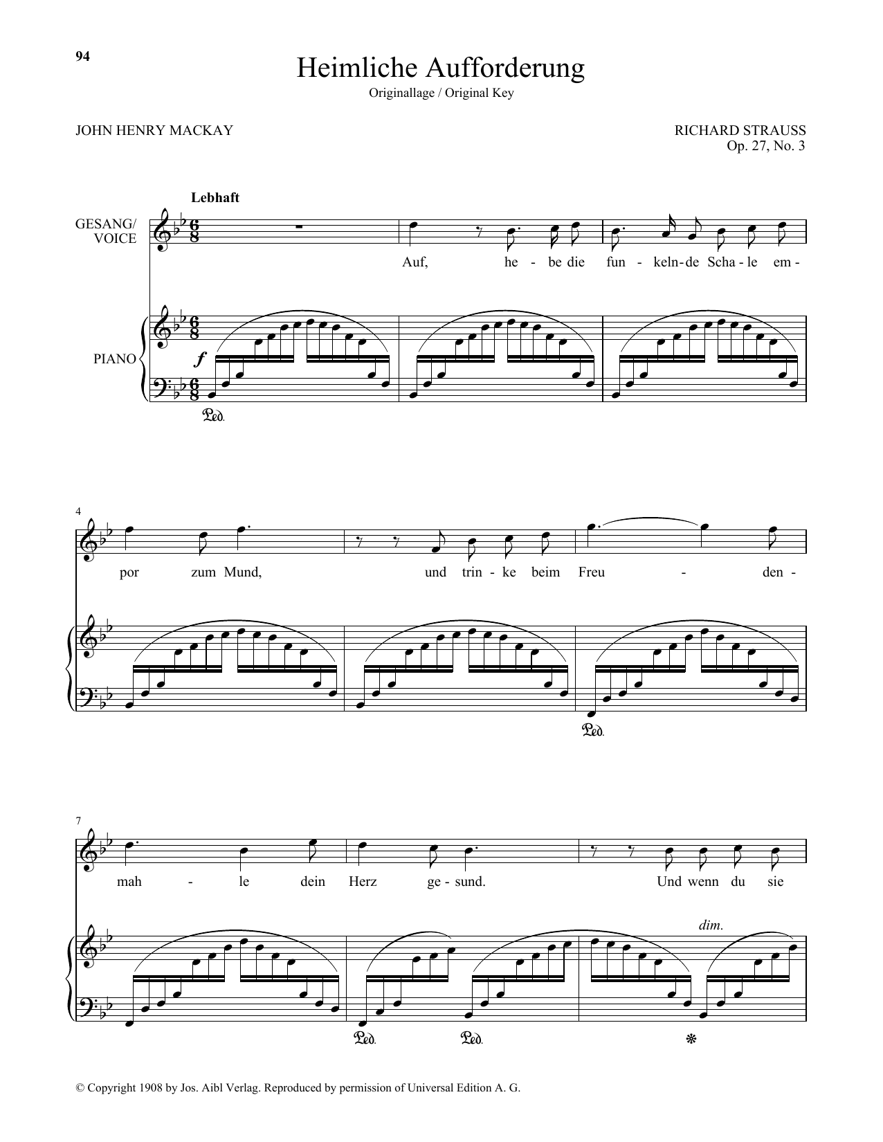 Richard Strauss Heimliche Aufforderung (High Voice) sheet music notes and chords arranged for Piano & Vocal