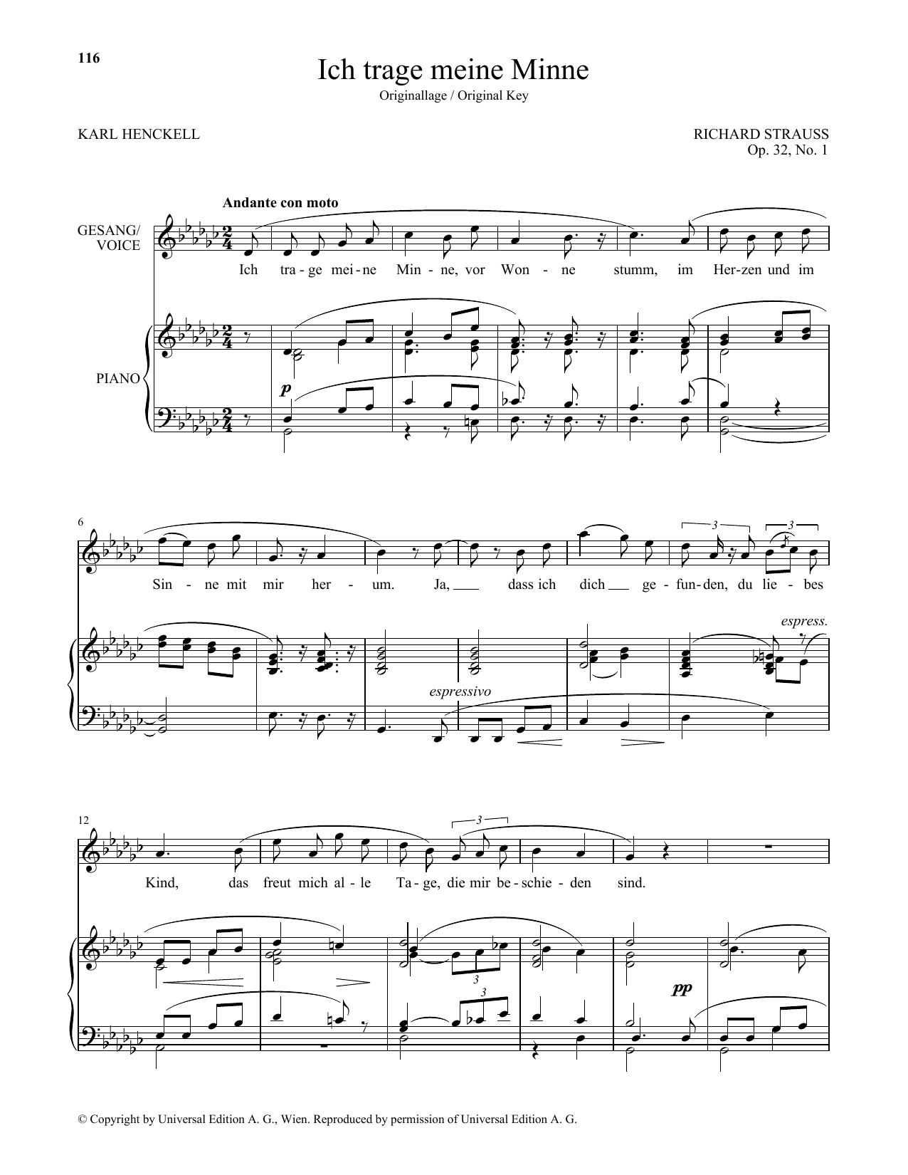 Richard Strauss Ich Trage Meine Minne (High Voice) sheet music notes and chords arranged for Piano & Vocal