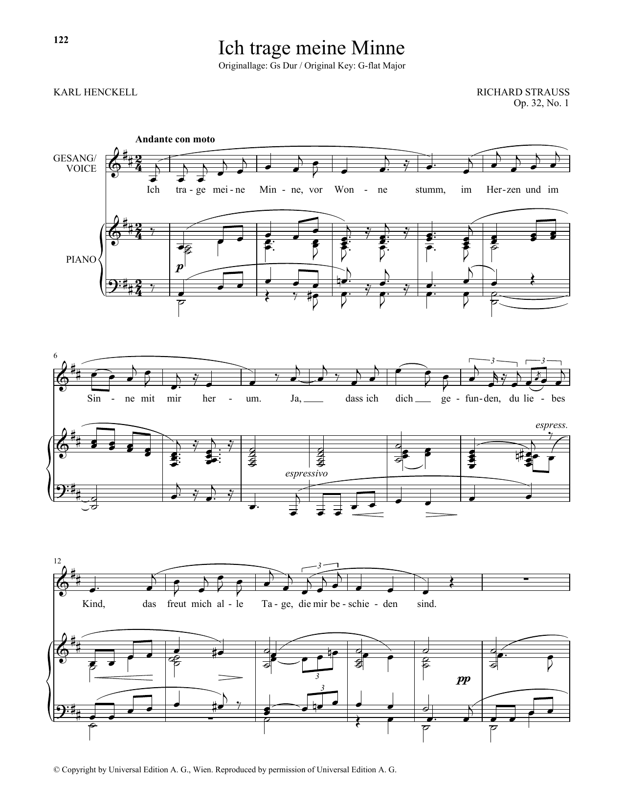 Richard Strauss Ich Trage Meine Minne (Low Voice) sheet music notes and chords arranged for Piano & Vocal