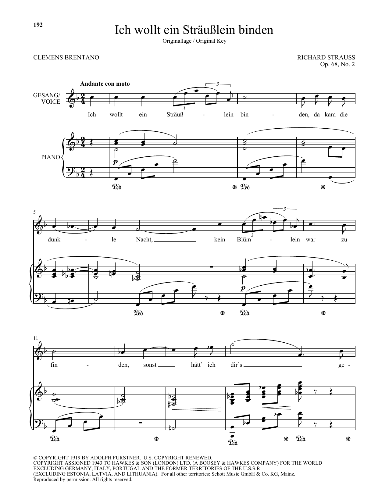 Richard Strauss Ich Wollt Ein Strausslein Binden (High Voice) sheet music notes and chords arranged for Piano & Vocal
