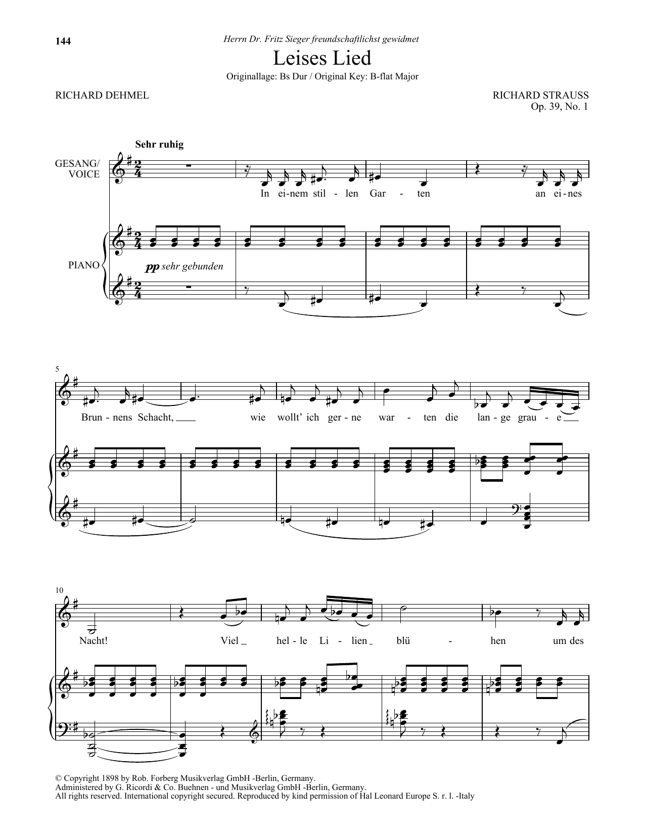 Richard Strauss Leises Lied (Low Voice) sheet music notes and chords arranged for Piano & Vocal