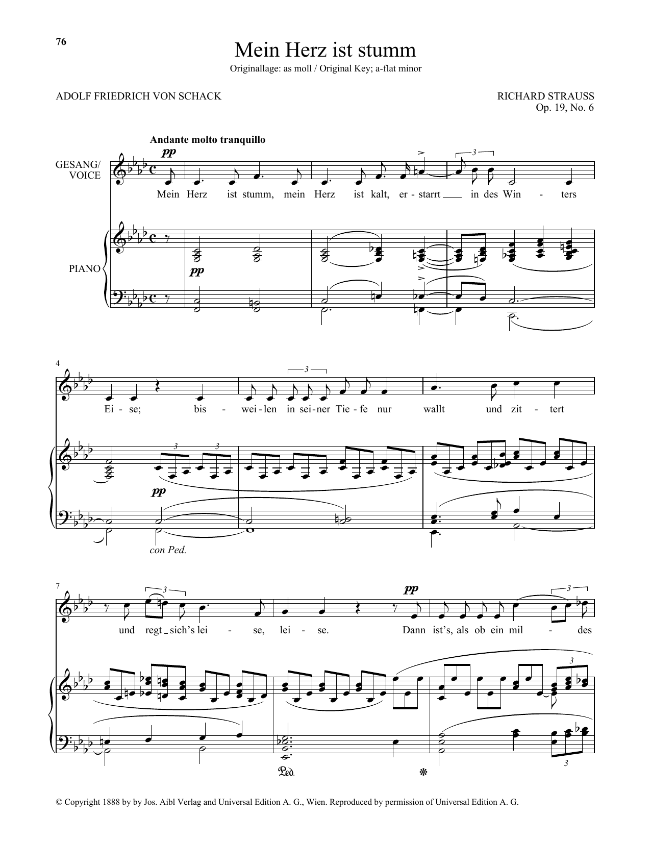 Richard Strauss Mein Herz Ist Stumm (Low Voice) sheet music notes and chords arranged for Piano & Vocal
