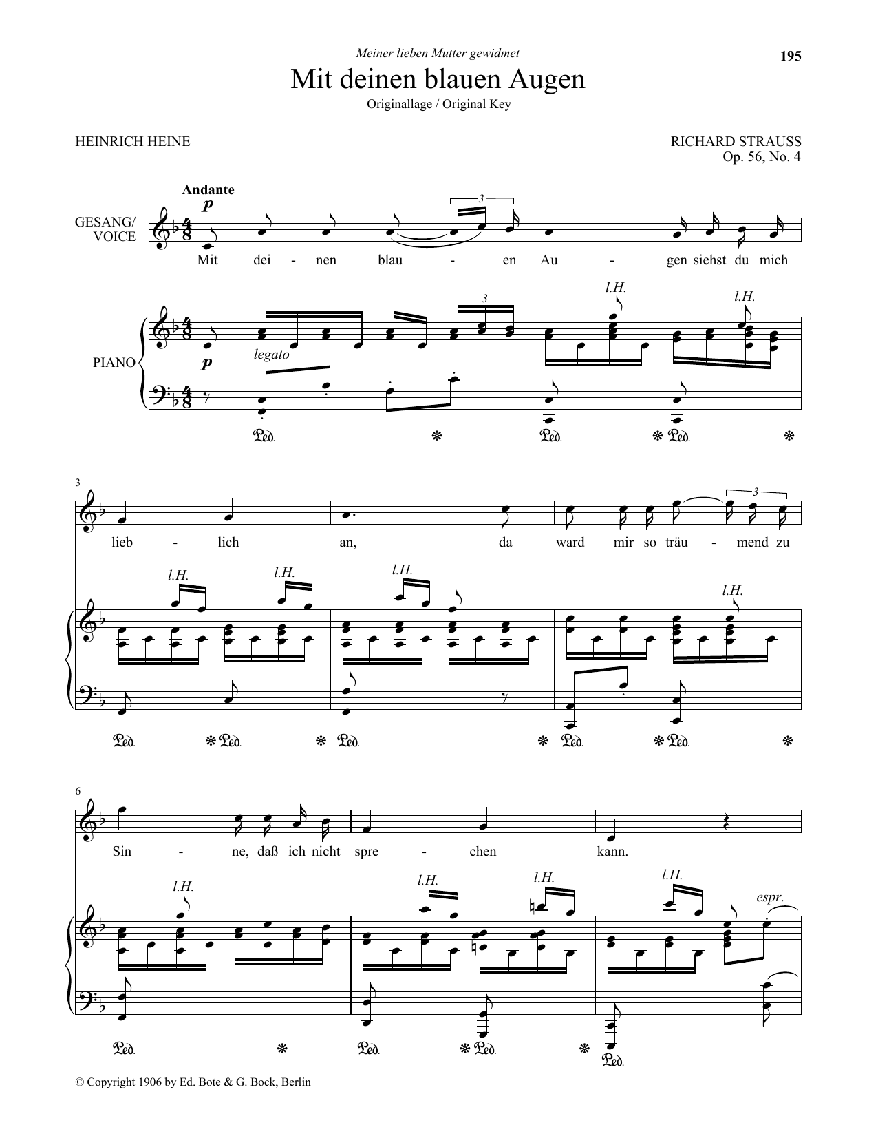 Richard Strauss Mit Deinen Blauen Augen (Low Voice) sheet music notes and chords arranged for Piano & Vocal