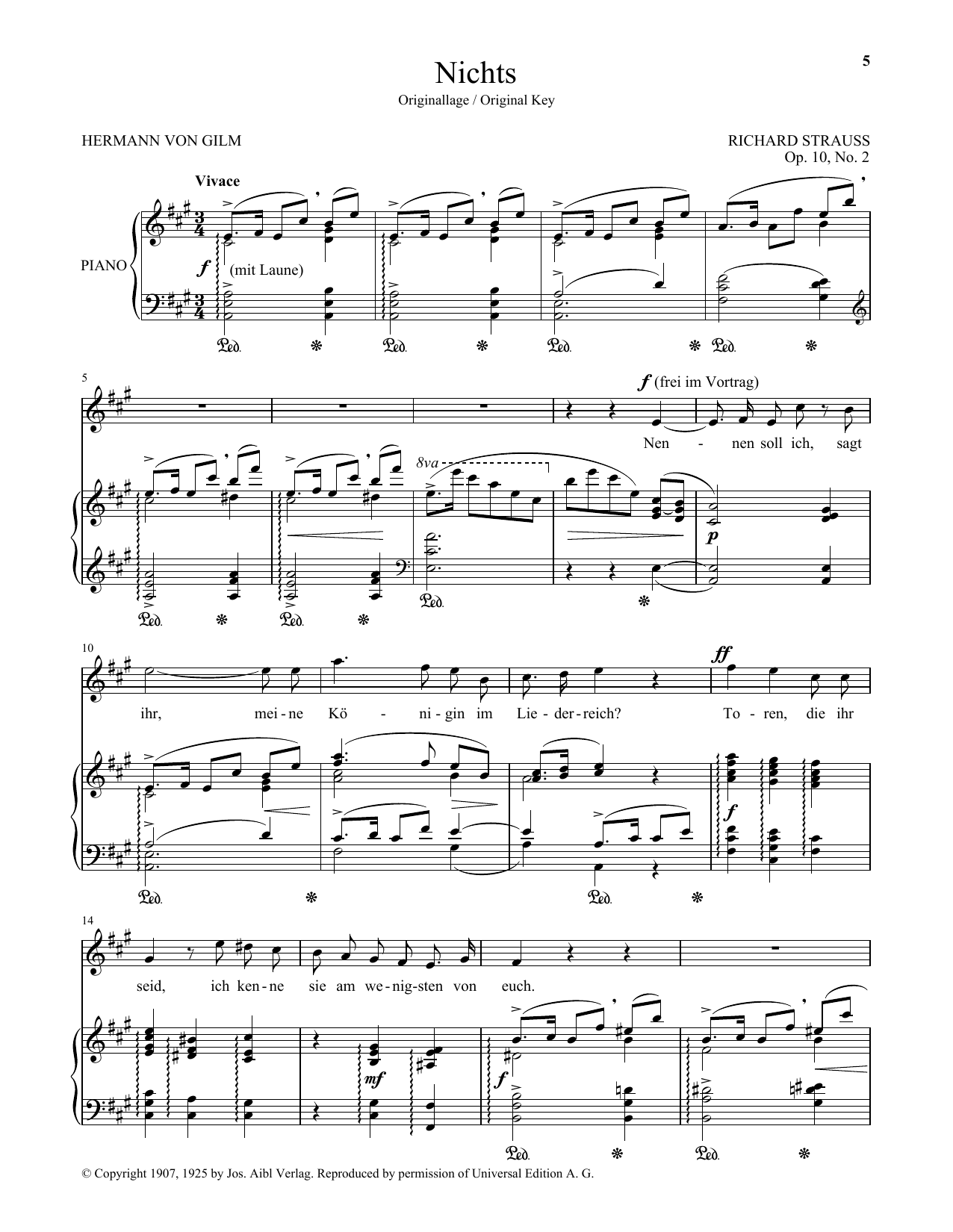 Richard Strauss Nichts (High Voice) sheet music notes and chords arranged for Piano & Vocal