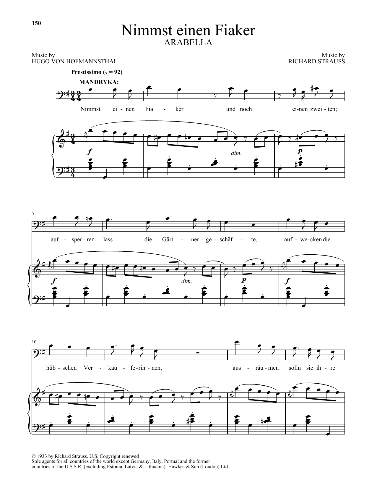 Richard Strauss Nimmst einen Fiaker (from Arabella) sheet music notes and chords arranged for Piano & Vocal