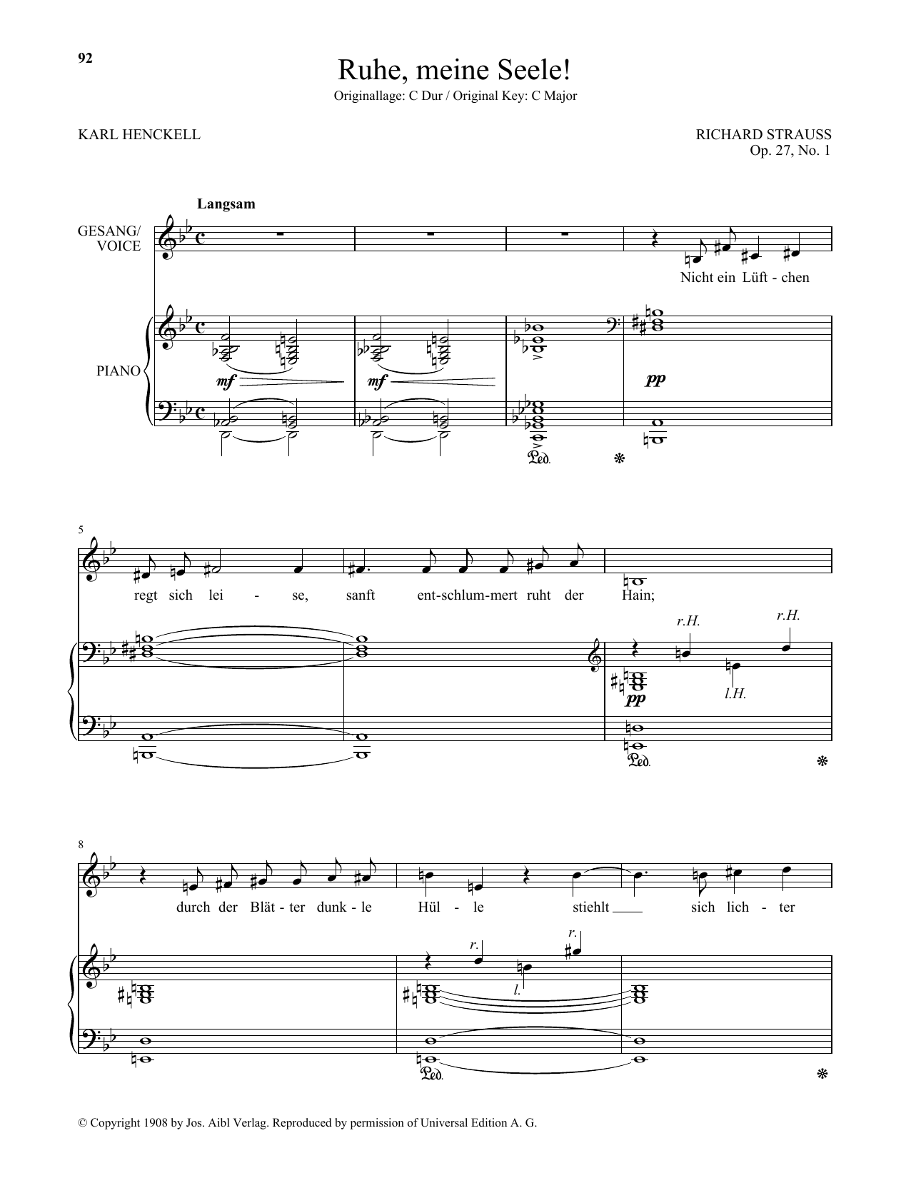 Richard Strauss Ruhe, Meine Seele! (Low Voice) sheet music notes and chords arranged for Piano & Vocal