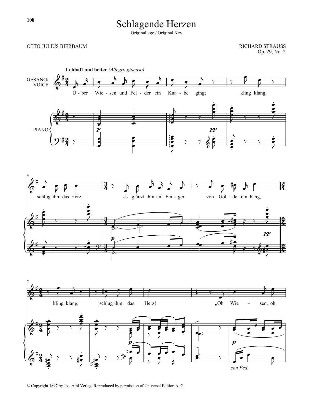 Richard Strauss Schlagende Herzen (High Voice) sheet music notes and chords arranged for Piano & Vocal
