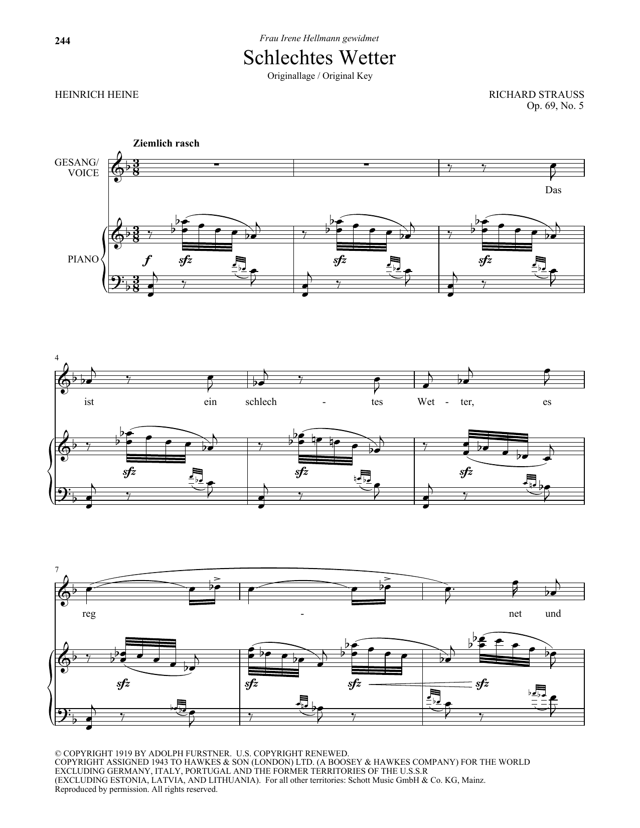 Richard Strauss Schlechtes Wetter (High Voice) sheet music notes and chords arranged for Piano & Vocal