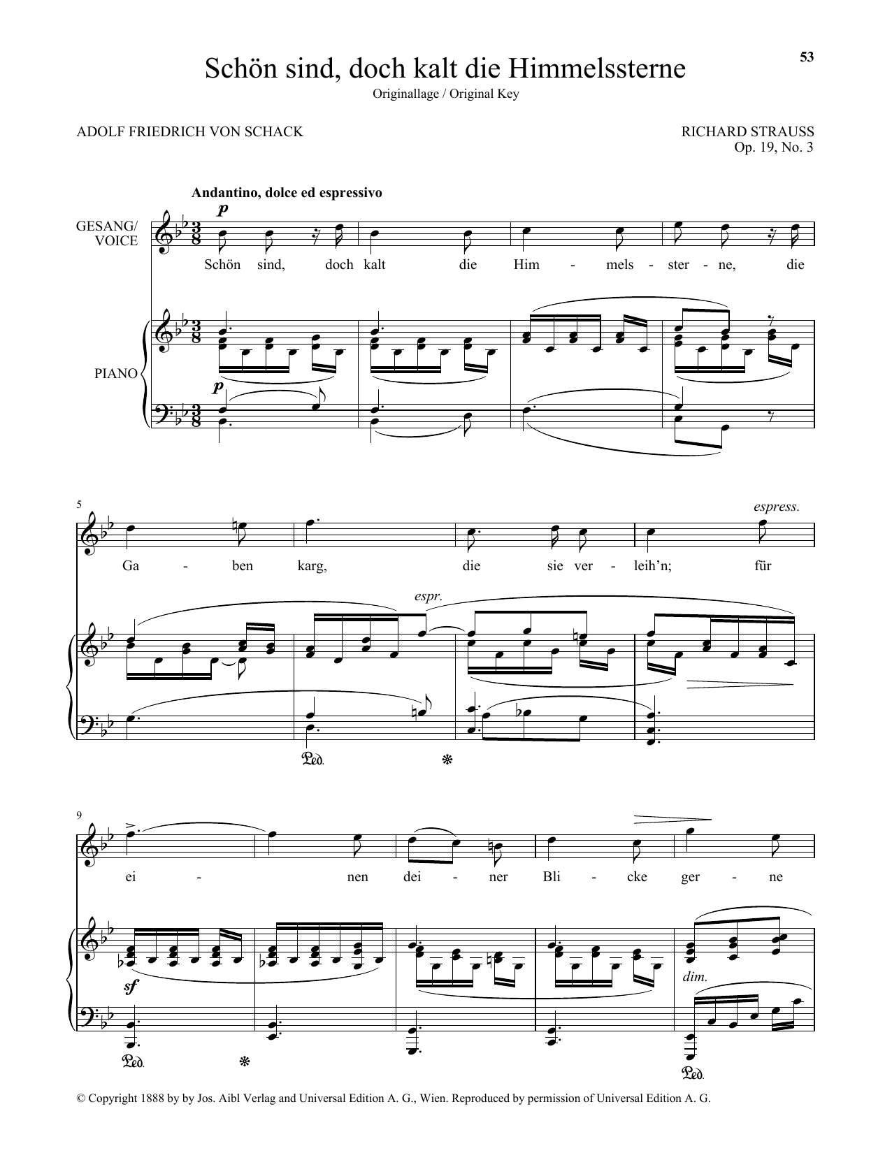 Richard Strauss Schon Sind, Doch Kalt Die Himmelssterne (High Voice) sheet music notes and chords arranged for Piano & Vocal