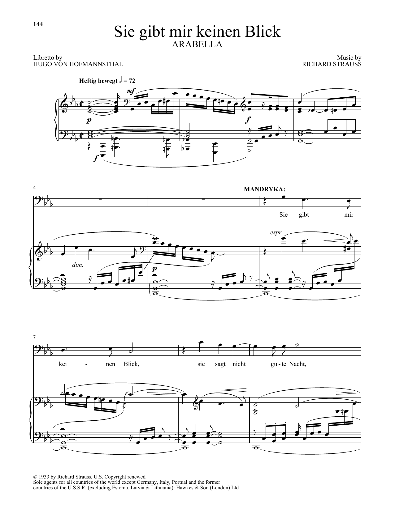 Richard Strauss Sie gibt mir keinen Blick (from Arabella) sheet music notes and chords arranged for Piano & Vocal
