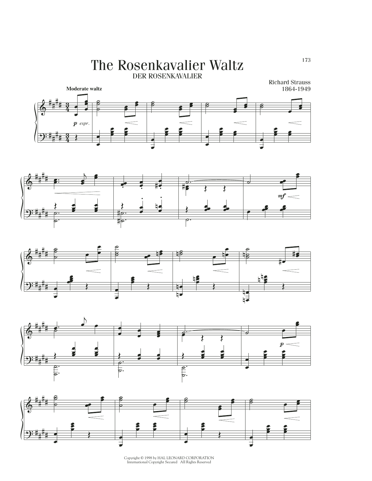 Richard Strauss The Rosenkavalier Waltz sheet music notes and chords arranged for Piano Solo