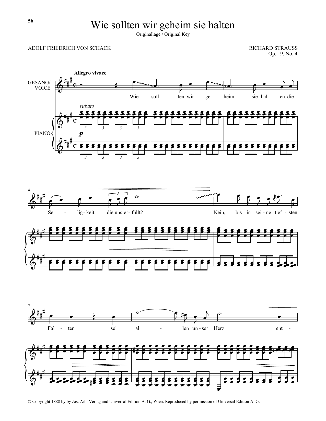 Richard Strauss Wie Sollten Wir Geheim Sie Halten (High Voice) sheet music notes and chords arranged for Piano & Vocal