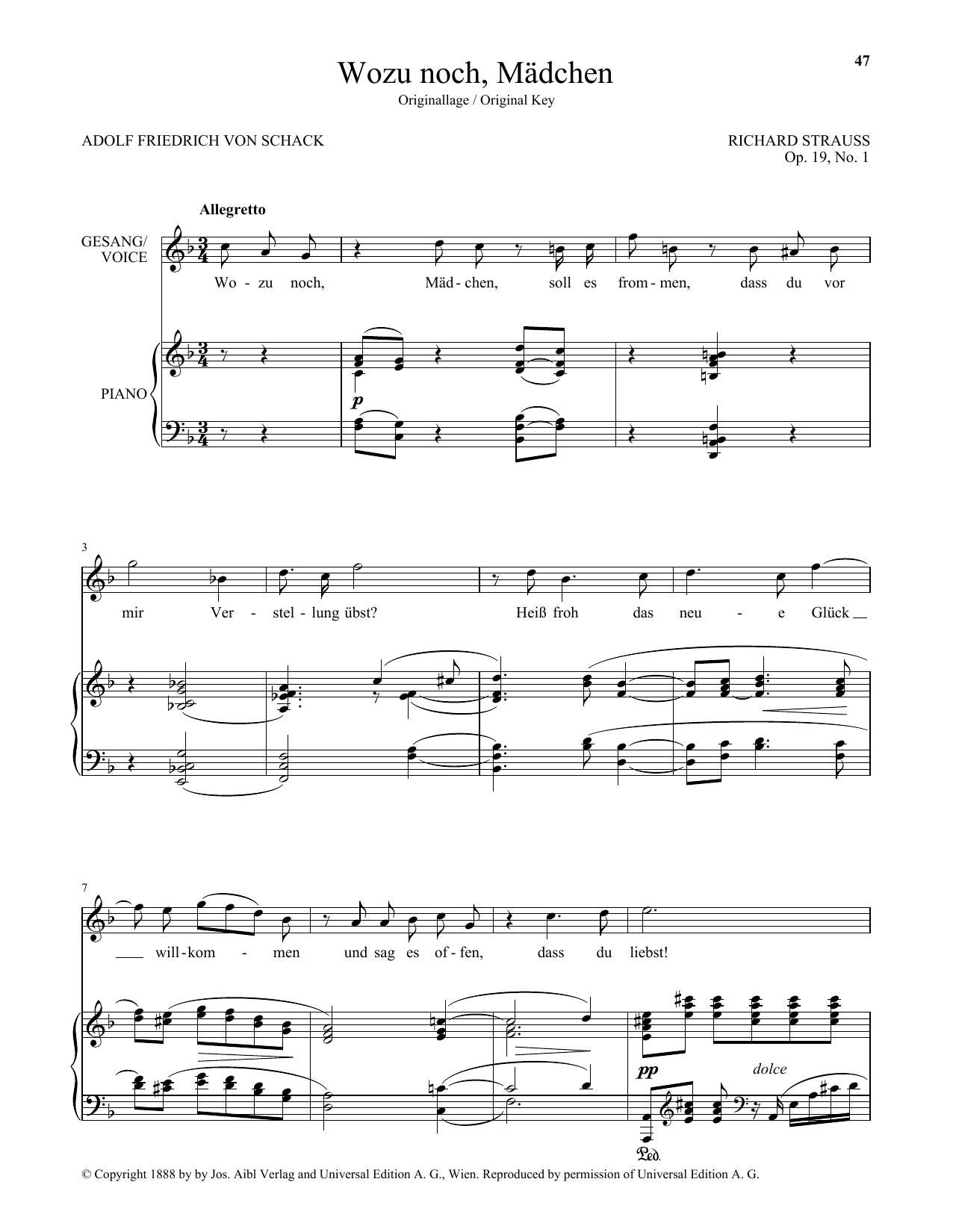 Richard Strauss Wozu Noch, Madchen (High Voice) sheet music notes and chords arranged for Piano & Vocal