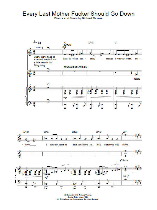 Richard Thomas Every Last Mother Fucker Should Go Down (from Jerry Springer The Opera) sheet music notes and chords arranged for Piano, Vocal & Guitar Chords