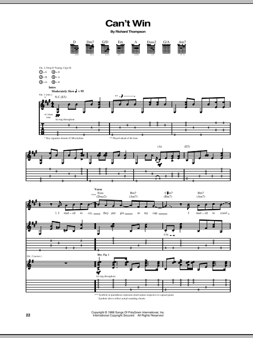 Richard Thompson Can't Win sheet music notes and chords arranged for Guitar Tab