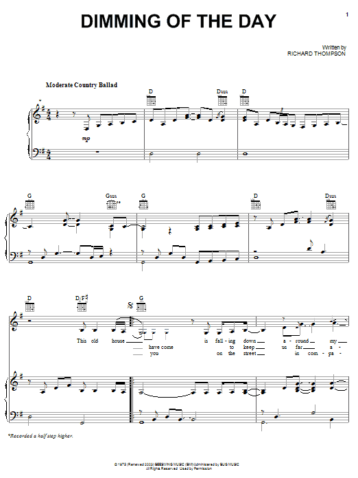 Richard Thompson Dimming Of The Day sheet music notes and chords arranged for Piano, Vocal & Guitar Chords (Right-Hand Melody)