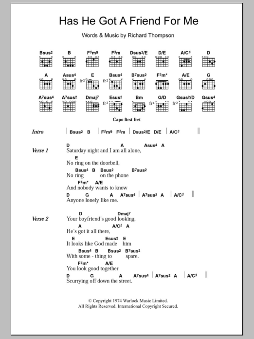 Richard Thompson Has He Got A Friend For Me sheet music notes and chords arranged for Guitar Chords/Lyrics