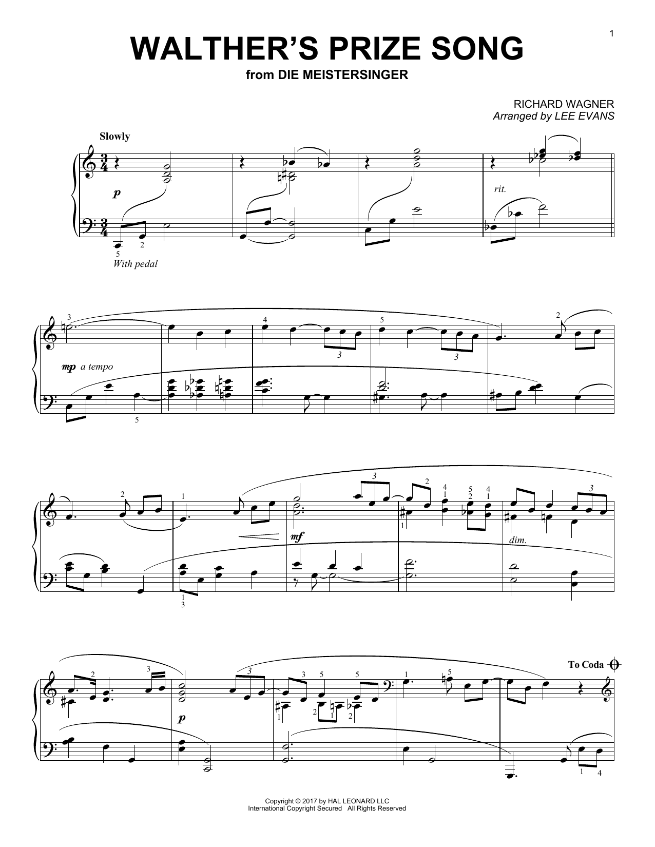 Richard Wagner Walther's Prize Song (arr. Lee Evans) sheet music notes and chords arranged for Piano Solo