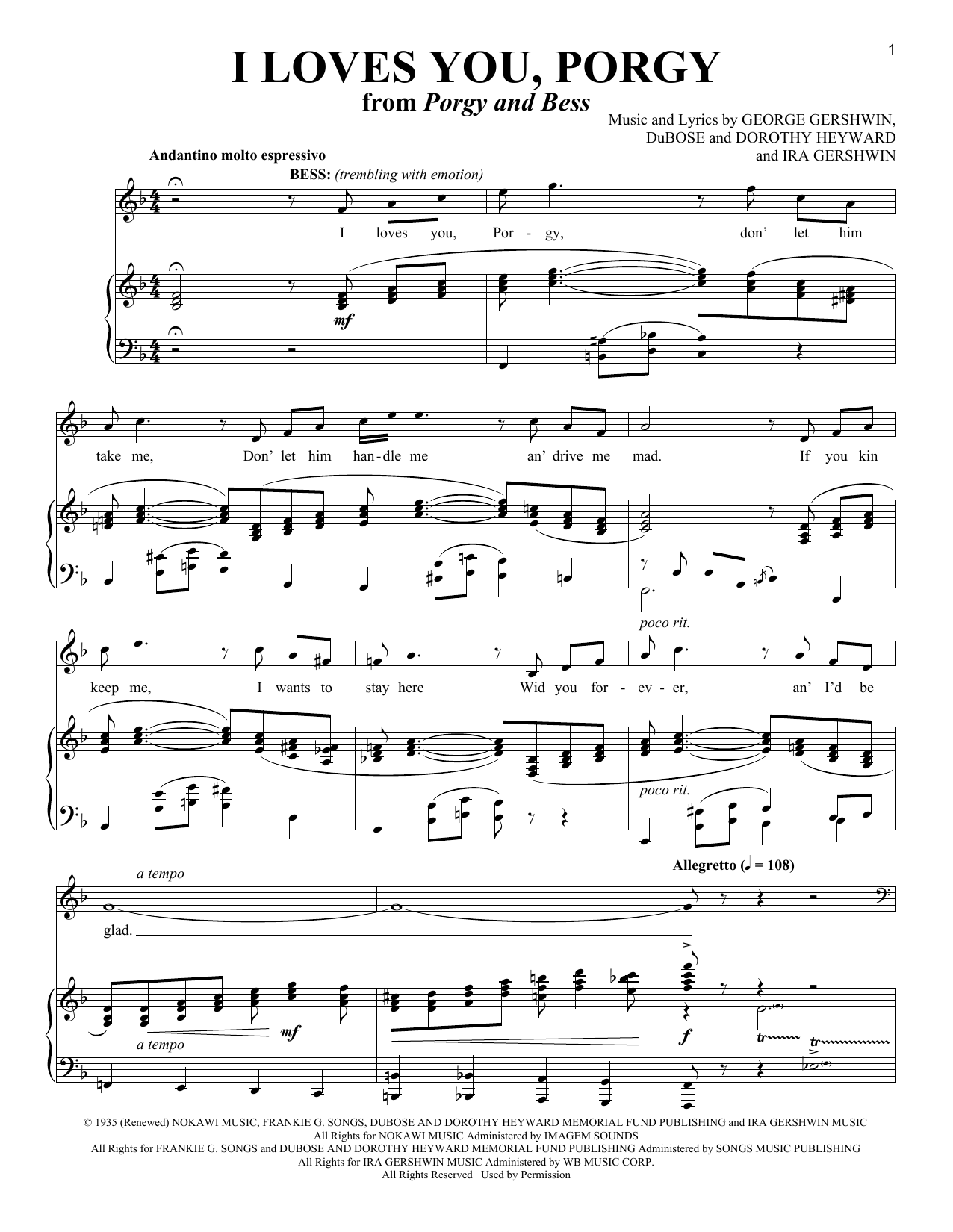 Richard Walters I Loves You, Porgy sheet music notes and chords arranged for Piano & Vocal