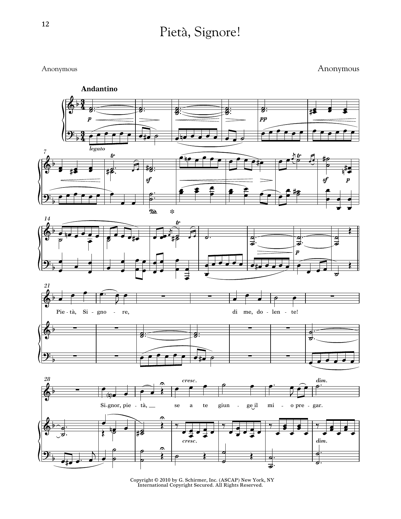 Richard Walters Pieta, Signore! (High Voice) sheet music notes and chords arranged for Piano & Vocal