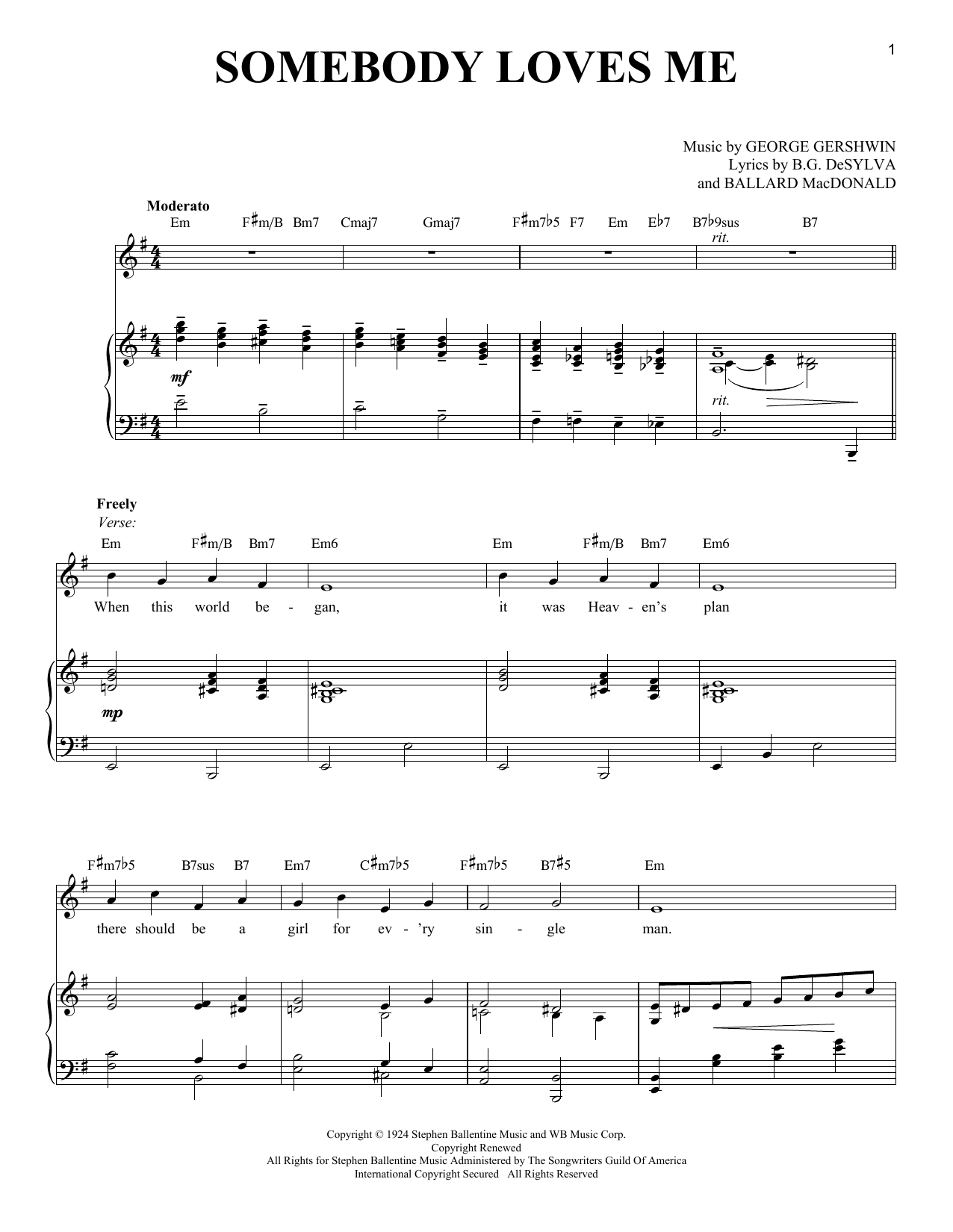 Richard Walters Somebody Loves Me sheet music notes and chords arranged for Piano & Vocal