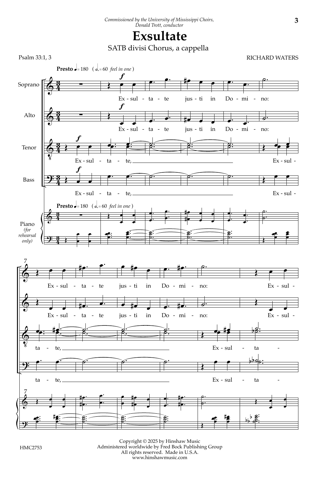 Richard Waters Exsultate sheet music notes and chords arranged for SATB Choir