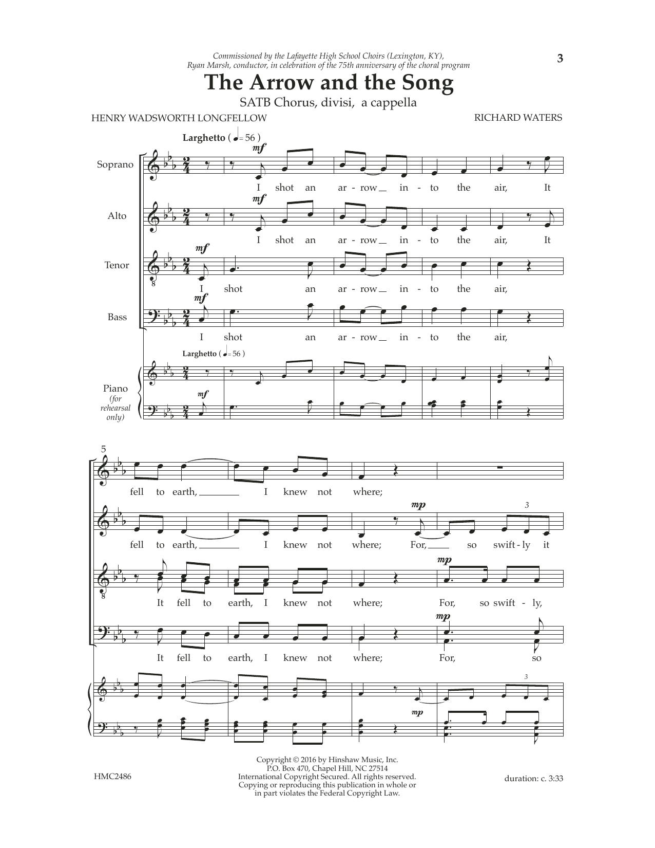 Richard Waters The Arrow And The Song sheet music notes and chords arranged for SATB Choir