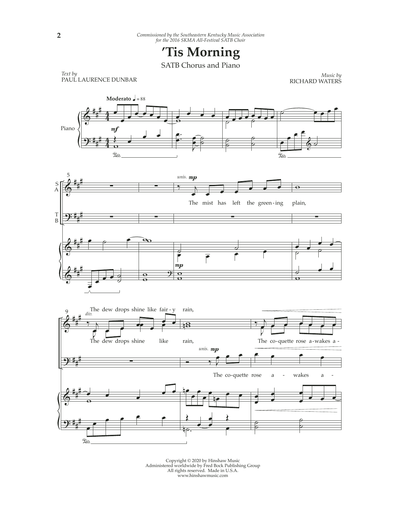 Richard Waters 'Tis Morning sheet music notes and chords arranged for SATB Choir
