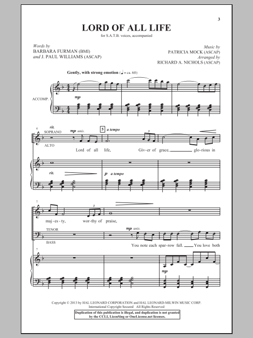 Richard A. Nichols Lord Of All Life sheet music notes and chords arranged for SATB Choir