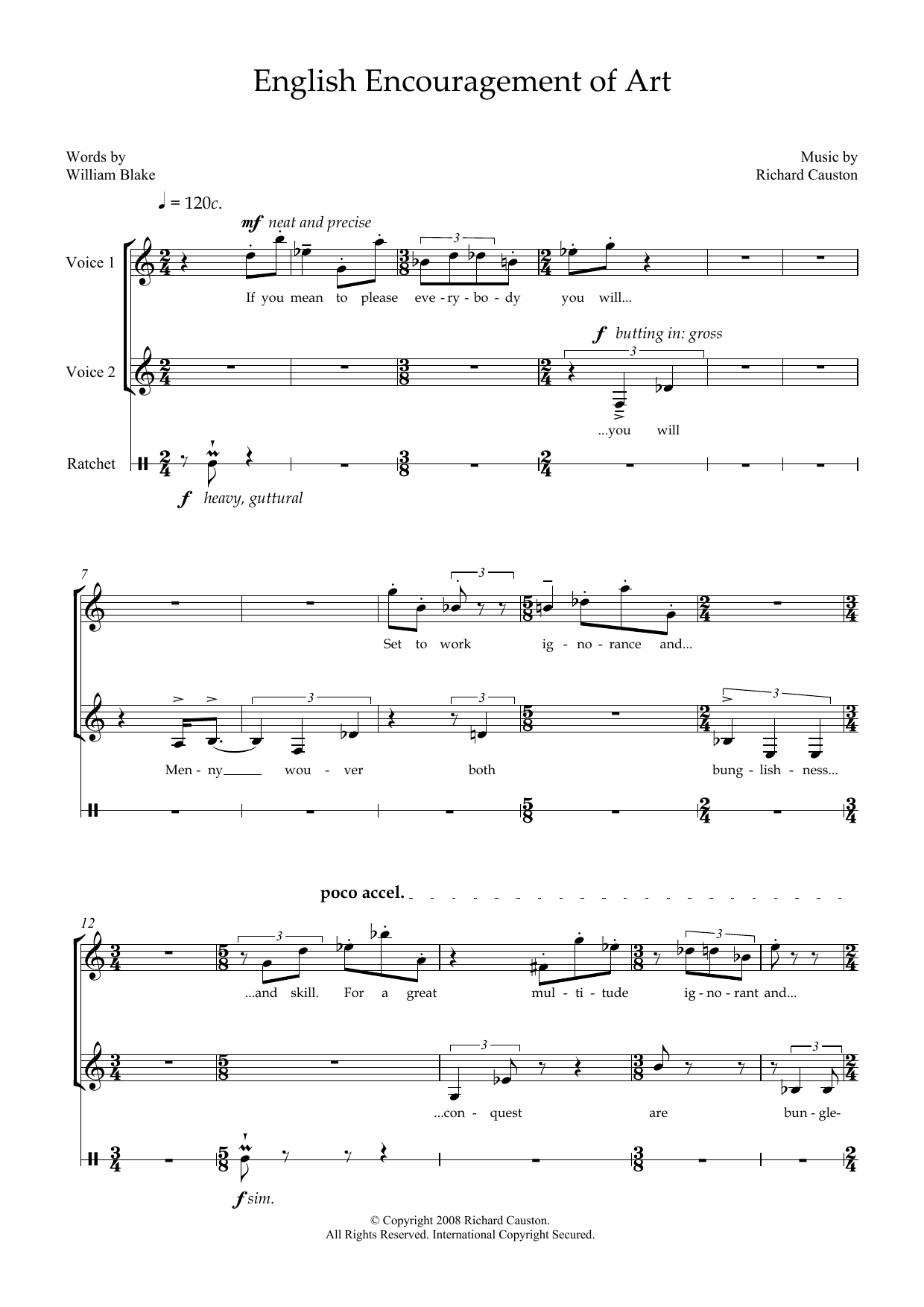 Richard Causton English Encouragement of Art (for soprano, mezzo-soprano and percussion) sheet music notes and chords arranged for Piano & Vocal