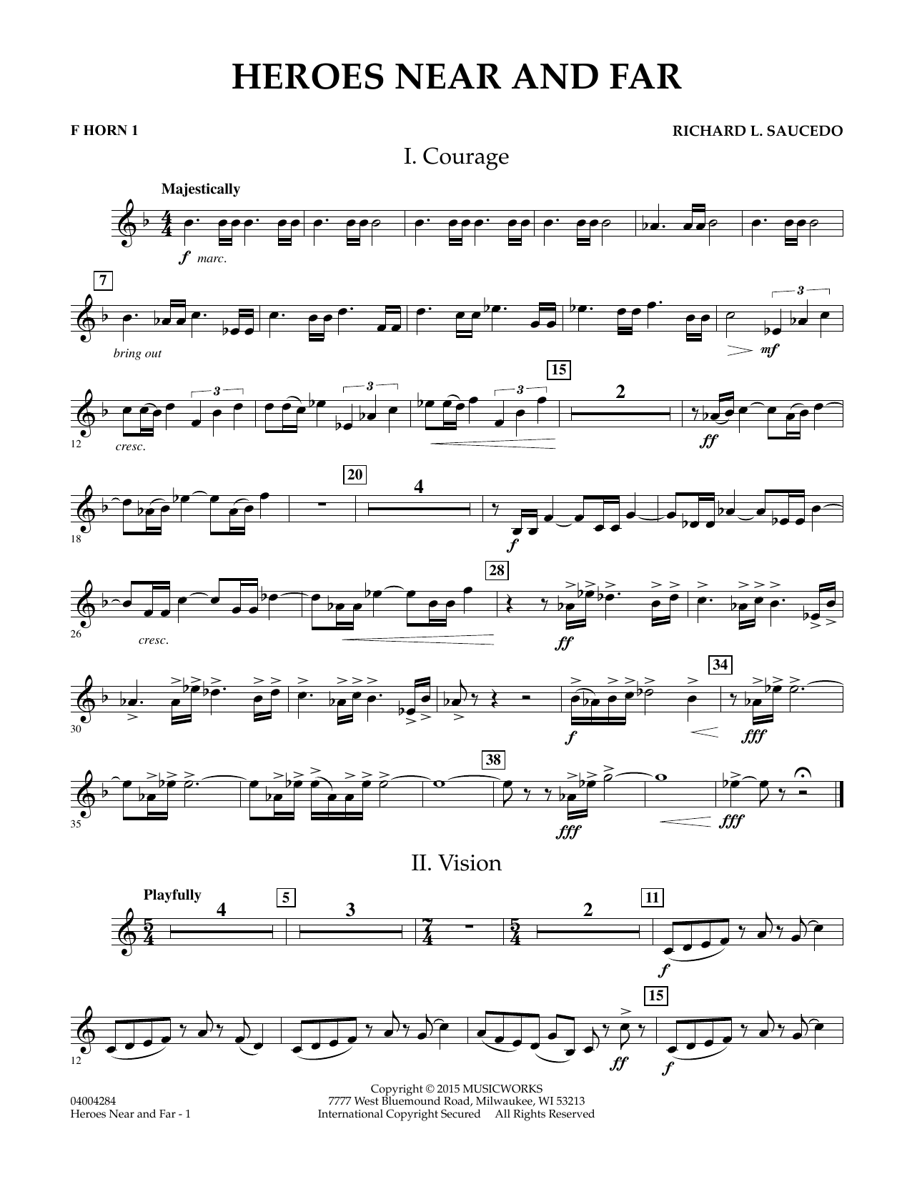 Richard L. Saucedo Heroes Near and Far - F Horn 1 sheet music notes and chords. Download Printable PDF.