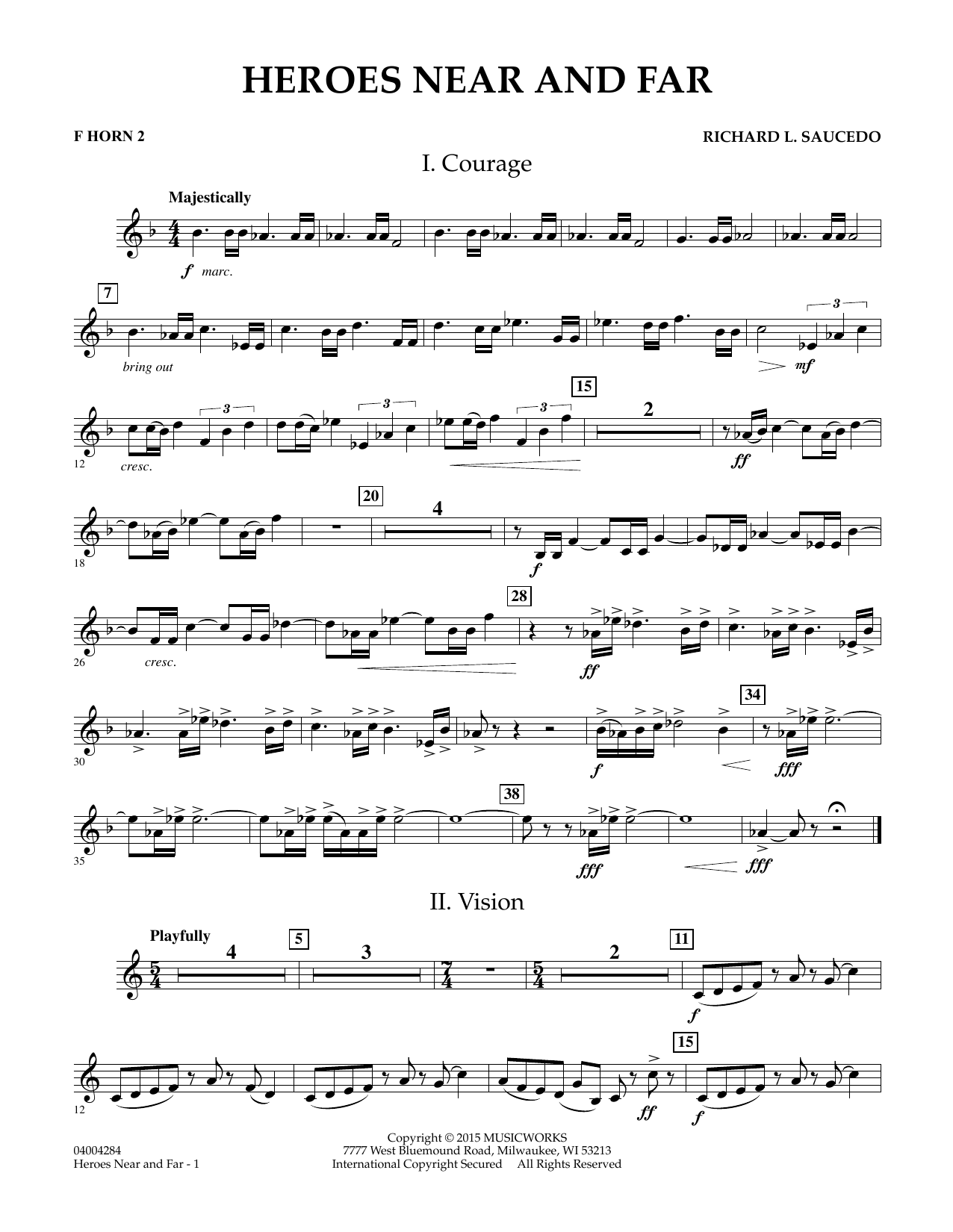 Richard L. Saucedo Heroes Near and Far - F Horn 2 sheet music notes and chords. Download Printable PDF.