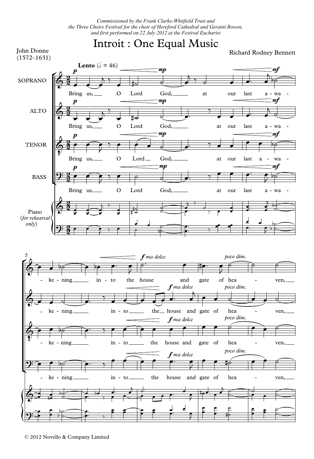 Richard Rodney Bennett Introit: One Equal Music sheet music notes and chords arranged for SATB Choir