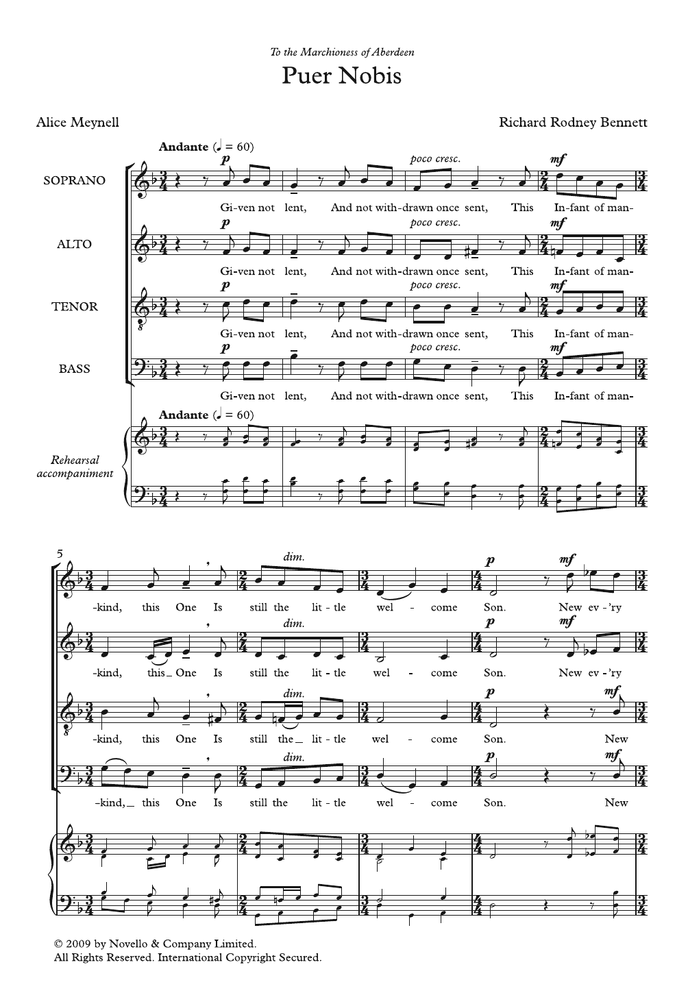 Richard Rodney Bennett Puer Nobis sheet music notes and chords arranged for SATB Choir