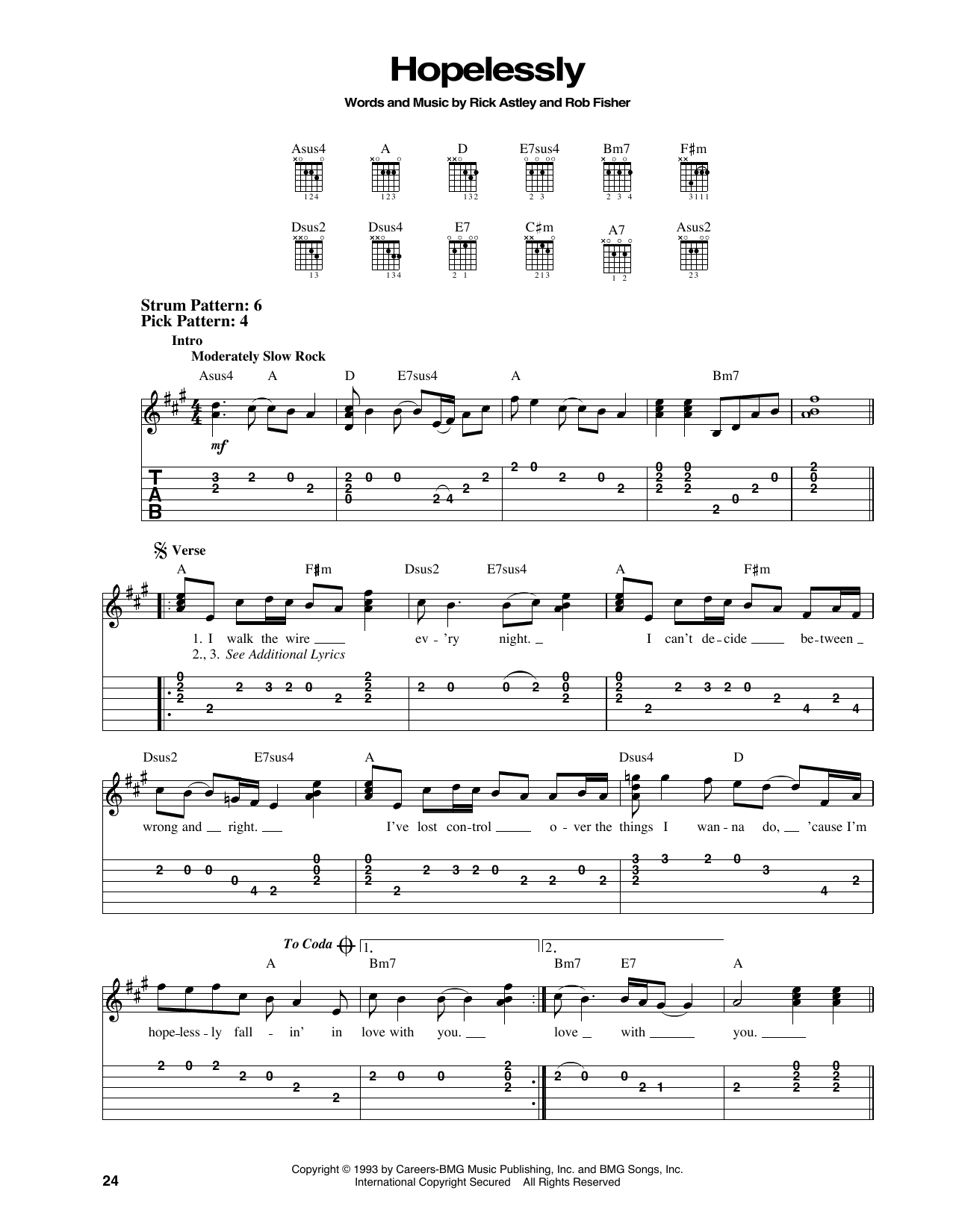 Rick Astley Hopelessly sheet music notes and chords arranged for Easy Guitar Tab